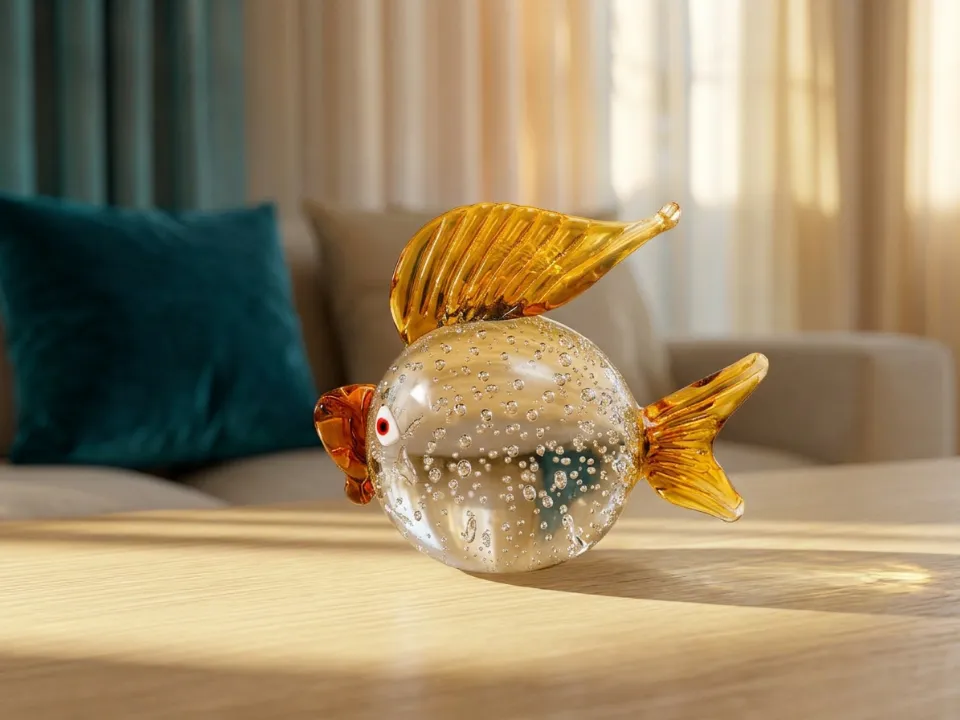 Bubble Body - Goldfish by Murano Glassworks — Vintage hand-blown clear glass with bulicante bubbles, amber fins, enamel