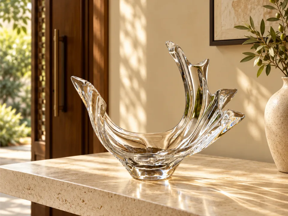 The Crystal Wave, a clear crystal centrepiece, in a sunlit interior at West23